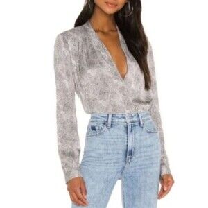 Paige Sevilla Bodysuit Silver Snake Python Plunge Front Size Small